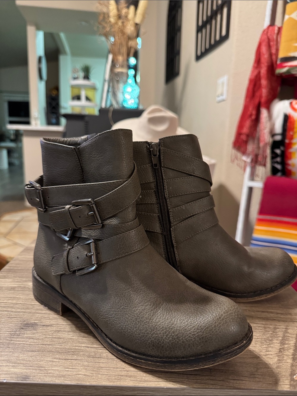 JustFab Olive Green Buckle Strap Ankle Booties